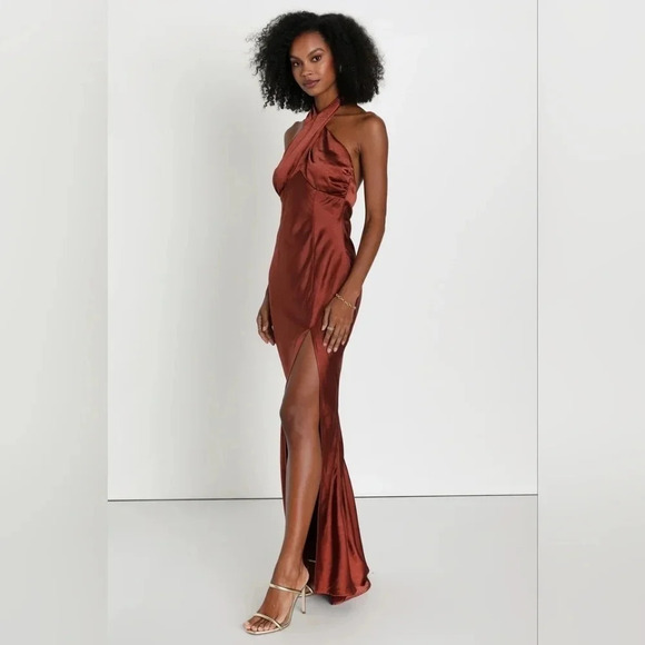 Lulu's Start of Forever Brown Satin Halter Mermaid Maxi Dress Wedding Party - Picture 3 of 12